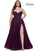 Picture of: Strapless Lace and Tulle A-Line Plus Gown with Tie Back in Dark Berry, Style: 31570, Main Picture