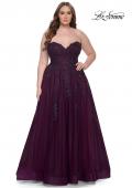 Picture of: Strapless Lace and Tulle A-Line Plus Gown with Tie Back in Dark Berry, Style: 31570, Detail Picture 3