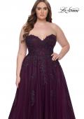 Picture of: Strapless Lace and Tulle A-Line Plus Gown with Tie Back in Dark Berry, Style: 31570, Detail Picture 5