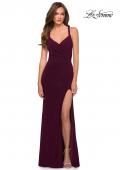 Picture of: V Neck Long Jersey Prom Dress with Open Strappy Back in Dark Berry, Style 29503, Main Picture