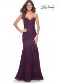 Picture of: Strapless Mermaid Ruched Gown with Rhinestone Lace Applique in Dark Berry, Style: 32121, Main Picture