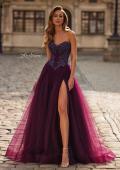 Picture of: Tulle Ball Gown with Beaded Corset Bodice and High Slit in Dark Berry, Style: 33410, Main Picture