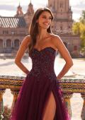 Picture of: Illusion Embroidered Lace Tulle Gown with Slit in Dark Berry, Style: 33551, Detail Picture 8