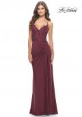 Picture of: Lace Asymmetrical Gown with Jersey Skirt and Twist Knot Detail in Dark Berry, Style: 31520, Detail Picture 9