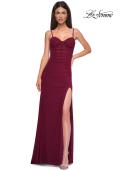 Picture of: Net Jersey Simple Prom Dress with Ruching and Corset Top in Dark Berry, Style 32925, Detail Picture 9