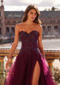 Picture of: Illusion Embroidered Lace Tulle Gown with Slit in Dark Berry, Style: 33551, Detail Picture 9