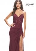 Picture of: Lace Asymmetrical Gown with Jersey Skirt and Twist Knot Detail in Dark Berry, Style: 31520, Detail Picture 10