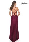Picture of: Jersey Dress with Ruched Waist and Lace Up Back in Dark Berry, Style: 31987, Detail Picture 10