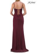 Picture of: Ruched Jersey Gown with Lace-Up Back and High Slit in Dark Berry, Style: 33298, Detail Picture 10