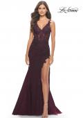 Picture of: Lace Dress with High Side Slit and V Neckline in Dark Berry, Style: 30767, Detail Picture 11