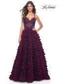 Picture of: Ruffle Tulle Prom Gown with Illusion Lace Bodice and High Slit in Dark Berry, Style: 32128, Detail Picture 11
