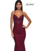 Picture of: Lace and Jersey Dress with Ruched Skirt and V Neckline in Dark Berry, Style: 32217, Detail Picture 11