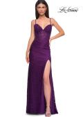 Picture of: Stretch Lace Dress with Illusion Corset Waist and Ruching in Dark Berry, Style 32947, Detail Picture 11
