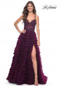 Picture of: Ruffle Tulle Prom Gown with Illusion Lace Bodice and High Slit in Dark Berry, Style: 32128, Detail Picture 12