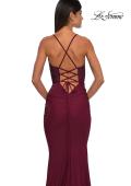 Picture of: Lace and Jersey Dress with Ruched Skirt and V Neckline in Dark Berry, Style: 32217, Detail Picture 12