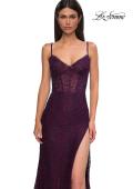 Picture of: Stretch Satin Prom Dress with Eyelet Detail Neckline in Dark Berry, Style 32671, Detail Picture 12