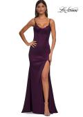 Picture of: Fitted Satin Gown with Exposed Boning and Lace Detail Neckline in Dark Berry, Style: 32955, Detail Picture 13