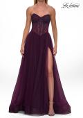 Picture of: Strapless Corset Gown with Tulle Skirt and High Slit in Dark Berry, Style: 33491, Detail Picture 14