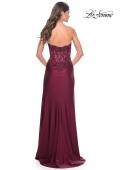 Picture of: Ruched Jersey Skirt with Lace Illusion Top and Rhinestone Prom Dress in Dark Berry, Style: 32011, Detail Picture 16