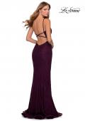 Picture of: Lace Prom Dress with Deep V-Neck and Rhinestones in Burgundy, Style: 28556, Back Picture