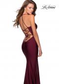 Picture of: Empire Waist Dress with Ruching and Lace Up Back in Burgundy, Style: 28593, Back Picture
