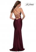 Picture of: Criss Cross Ruched Bodice Jersey Long Dress in Dark Berry, Style 29606, Back Picture