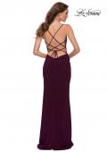 Picture of: V Neck Simple Jersey Dress with Lace Up Back in Dark Berry, Style 29697, Back Picture