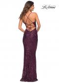 Picture of: Print Sequin Gown in Jewel Tones with V Neckline in Dark Berry, Back Picture