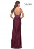 Picture of: Jersey Long Dress with Sheer Rhinestone Embellished Bodice in Dark Berry, Style: 31244, Back Picture