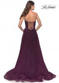 Picture of: Strapless Deep V A-Line Tulle and Lace Gown in Dark Berry, Style: 31345, Back Picture