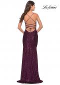 Picture of: Lace Up Back Sequin Gown with Flare Skirt in Dark Berry, Style: 31508, Back Picture