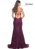 Picture of: Mermaid Print Sequin Dress with Lace Up Open Back in Dark Berry, Style: 31943, Back Picture
