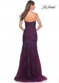 Picture of: Strapless Mermaid Ruched Gown with Rhinestone Lace Applique in Dark Berry, Style: 32121, Back Picture