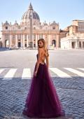 Picture of: A-Line Tulle Gown with High Slit and Illusion Rhinestone Fishnet Bodice in Dark Berry, Style: 32135, Back Picture