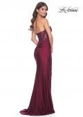 Picture of: Sheer Lace Applique Bodice Dress with Jersey Skirt in Dark Berry, Style: 32301, Back Picture