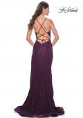 Picture of: Rhinestone Lace Embellished Prom Dress with High Side Slit in Bright Colors in Dark Berry, Style: 32308, Back Picture