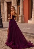 Picture of: A-line Tulle Gown with Lace Corset Bodice and Slit in Dark Berry, Style: 32579, Back Picture