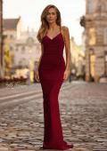 Picture of: Fitted Ruched Net Jersey Dress with Low Back in Dark Berry, Style 32834, Back Picture