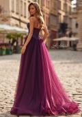 Picture of: Tulle Ball Gown with Beaded Corset Bodice and High Slit in Dark Berry, Style: 33410, Back Picture