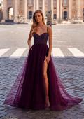 Picture of: A-Line Tulle Gown with High Slit and Illusion Rhinestone Fishnet Bodice in Dark Berry, Style: 32135, Detail Picture 18