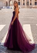 Picture of: A-Line Tulle Gown with High Slit and Illusion Rhinestone Fishnet Bodice in Dark Berry, Style: 32135, Detail Picture 19