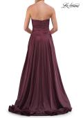 Picture of: Strapless Satin A-Line Gown with Draped Bodice and High Slit in Dark Berry, Style: 33417, Detail Picture 24