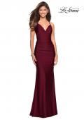 Picture of: Form Fitting Jersey Dress with Ruching and Strappy Back in Burgundy, Style: 27501, Detail Picture 1
