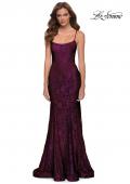 Picture of: Stretch Lace Gown with Lace Up Strappy Back in Dark Berry, Style 29611, Detail Picture 1
