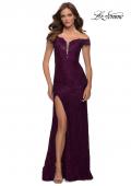 Picture of: Lace Off the Shoulder Gown with Deep V Neckline in Dark Berry, Style 29693, Detail Picture 1