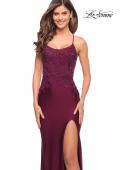Picture of: Jeweled Lace and Jersey Long Prom Dress with Low Back in Dark Berry, Style: 30196, Detail Picture 1