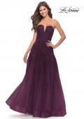 Picture of: Strapless Deep V A-Line Tulle and Lace Gown in Dark Berry, Style: 31345, Detail Picture 1