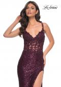 Picture of: Sequin Prom Dress with Lace Detail Illusion Bodice in Purple, Style: 31657, Detail Picture 1