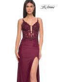 Picture of: Sheer Lace Top with Ruched Jersey Skirt Prom Dress in Dark Berry, Style: 32132, Detail Picture 1