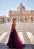 Picture of: A-Line Tulle Gown with High Slit and Illusion Rhinestone Fishnet Bodice in Dark Berry, Style: 32135, Detail Picture 1